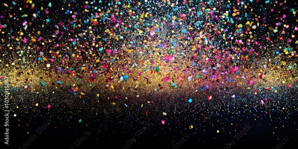 Falling shiny colorful confetti glitters on black background Falling shiny colorful confetti glitters on black background