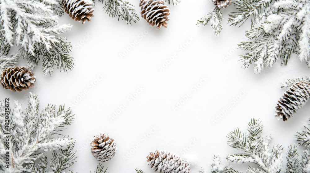 Fototapeta premium Winter holiday background with snowy pinecones and fir branches