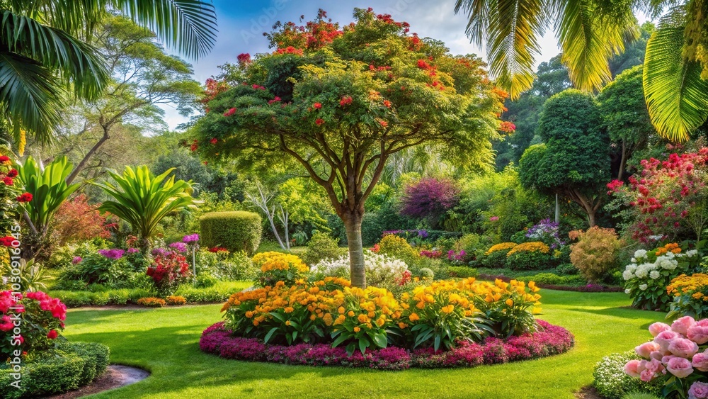 Forced perspective garden with tree, flower, and tropical garden setting Forced perspective garden with tree, flower, and tropical garden setting