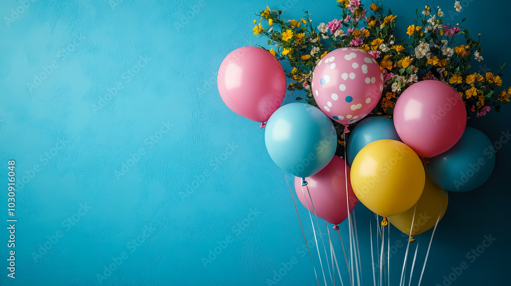 Colorful Birthday Helium Balloons in Pink, Blue, and Yellow with Flower Background on Teal for Anniversary or Party Celebration Colorful Birthday Helium Balloons in Pink, Blue, and Yellow with Flower Background on Teal for Anniversary or Party Celebration