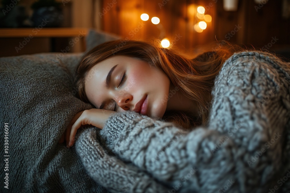 Sleepy pretty young irish american woman resting on grey sofa at cozy home, enjoying calm leisure, relaxation, sleeping at daytime, lying on side, suffering from insomnia, sleeping disorder at night Sleepy pretty young irish american woman resting on grey sofa at cozy home, enjoying calm leisure, relaxation, sleeping at daytime, lying on side, suffering from insomnia, sleeping disorder at night