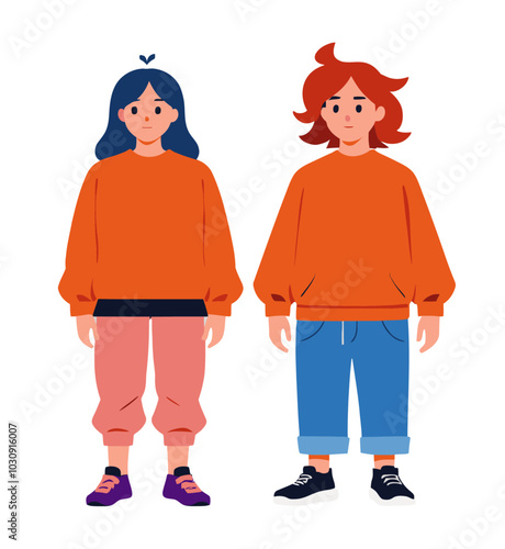 Flat Character Illustration of Two Friends in Casual Clothing for Digital and Print Media