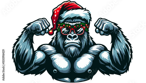 Brutal gorilla bodybuilder in sunglasses on a Santa's hat, colored vector, flat colors, Christmas and New Year mood, transparent background 