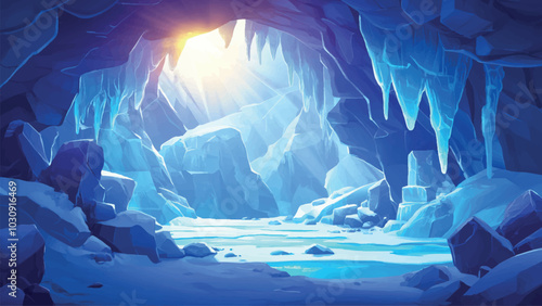 Ice Cave with Bright Sunlight Glistening Beautifully on Its Walls in Cartoon Background Illustration Featuring Stunning Scene Shimmering Ice Unique Formations and Enchanting Atmosphere