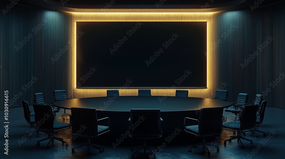 A blank black screen in a conference room, with cinematic lighting and good aesthetic official surrounding without with some people seated on the round table and looking towards the screen A blank black screen in a conference room, with cinematic lighting and good aesthetic official surrounding without with some people seated on the round table and looking towards the screen