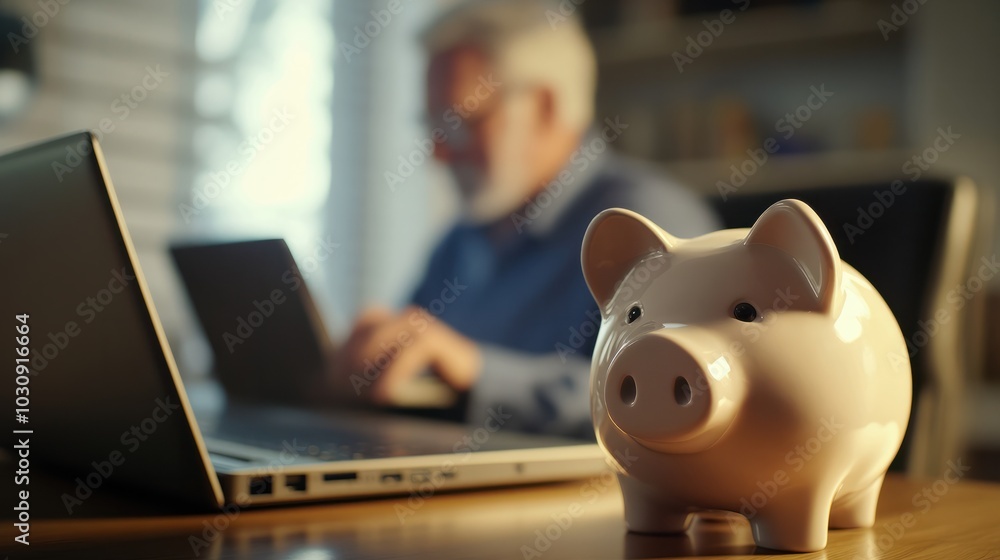 Piggy bank standing on desk with blurred retired man using laptop and doing accounting in background.. Piggy bank standing on desk with blurred retired man using laptop and doing accounting in background..