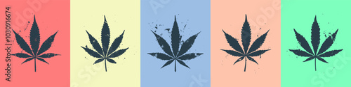 Grungy Marijuana Leaf Psychedelic Posters Vector Set Colorful Abstract Background. Grunge Style Cannabis Silhouette Prints Clipart Collection. Sativa and Indica Varieties Stencil Art Illustration