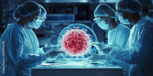 A team of cancer doctors using a 3D hologram to visualize a tumors exact dimensions and locations before treatment Large space for text in center Stock Photo with copy space