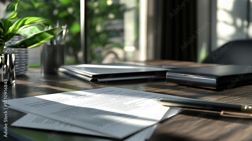 Private Placement Memorandum documents on a home office desk with a pen on the documents. Generative AI. Private Placement Memorandum documents on a home office desk with a pen on the documents. Generative AI.