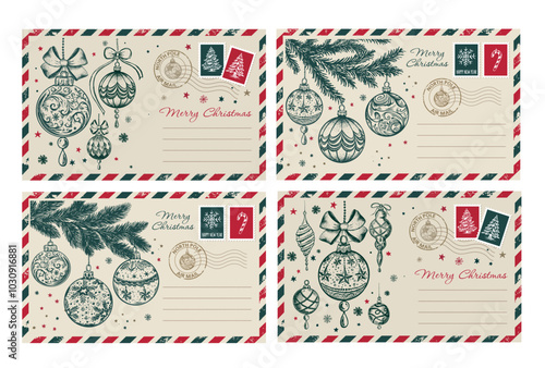 Christmas mail, postcard set, hand drawn illustration.	

