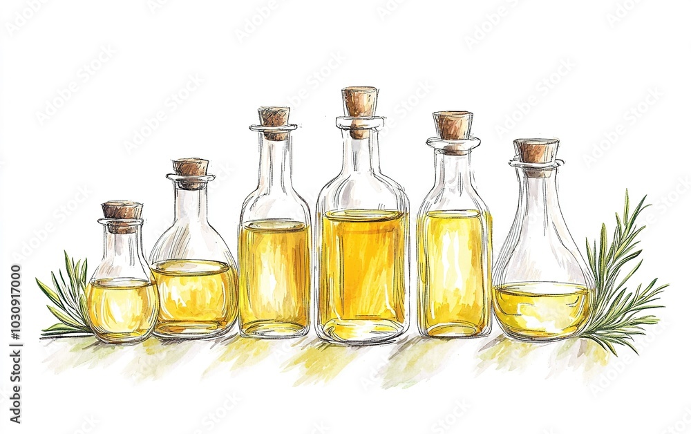 A collection of glass bottles filled with golden oils, surrounded by fresh herbs on a light background A collection of glass bottles filled with golden oils, surrounded by fresh herbs on a light background