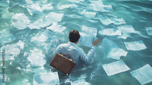 Overworked employee sinking in quicksand of tasks, clinging to a briefcase