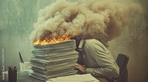 Conceptual image of burnout: worker's head on fire with paperwork engulfing them