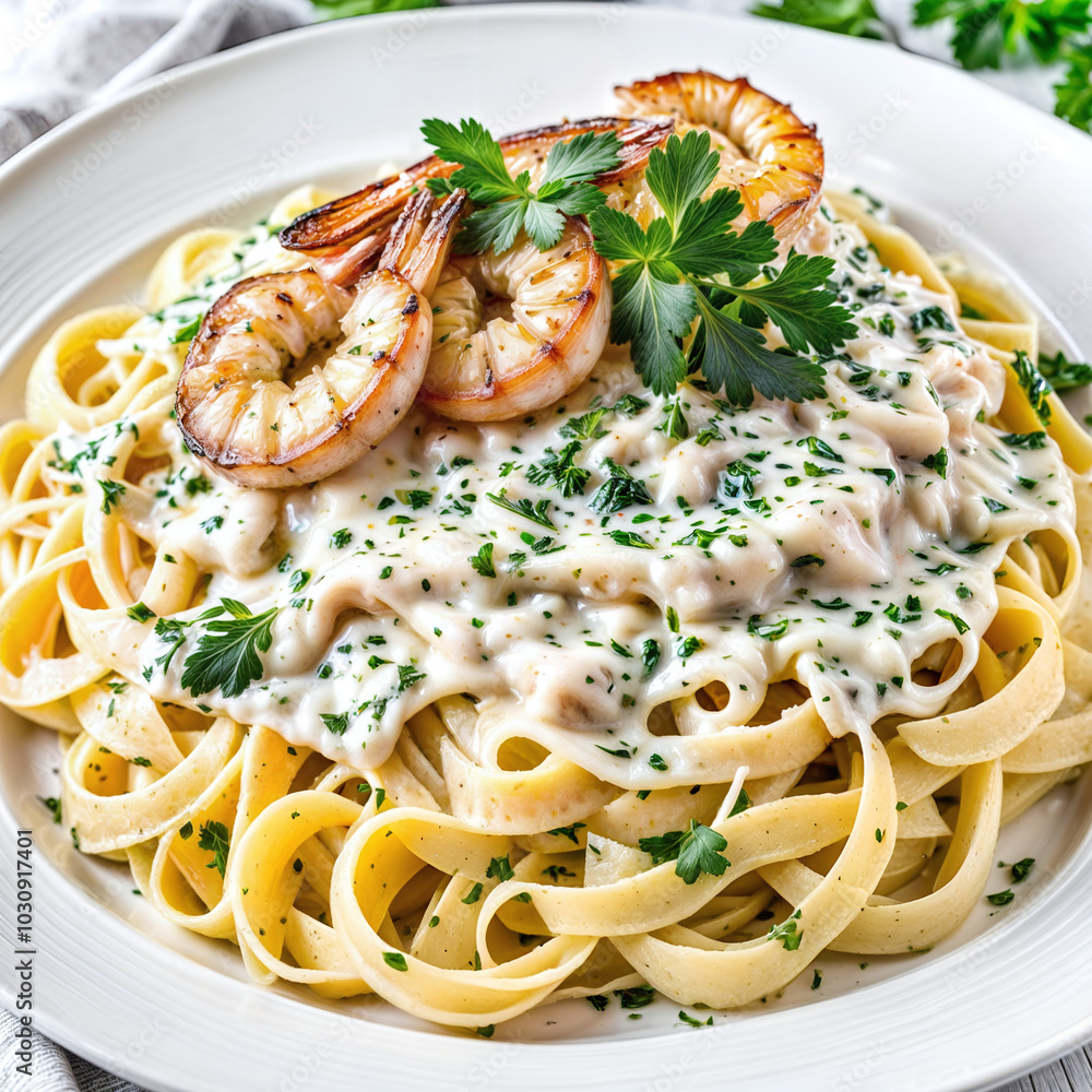 A plate of fettuccin alfredo, decorated with grilled shrimp, parmesan cheese powder, fresh parsley and featuring a wide fettuccin pasta topped with rich creamy sauce A plate of fettuccin alfredo, decorated with grilled shrimp, parmesan cheese powder, fresh parsley and featuring a wide fettuccin pasta topped with rich creamy sauce