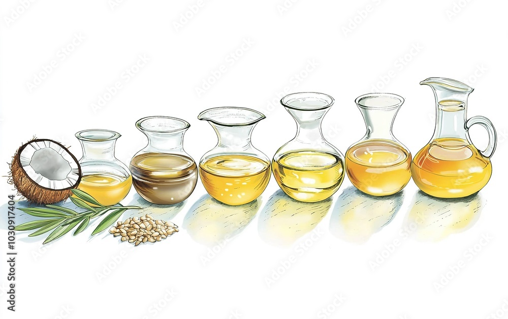 A collection of various cooking oils displayed with a coconut on a clean surface in a bright setting A collection of various cooking oils displayed with a coconut on a clean surface in a bright setting