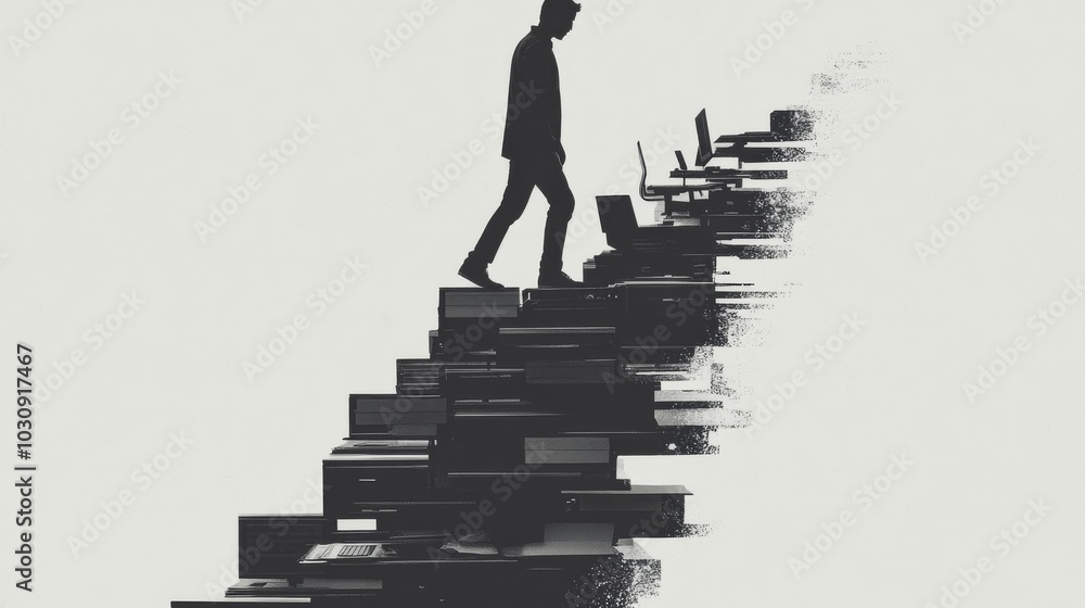 Person walking up endless office staircase, showing the unrelenting nature of burnout Person walking up endless office staircase, showing the unrelenting nature of burnout