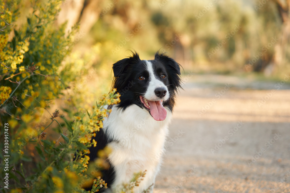 A Border Collie sits partially hidden in the bushes along a sunlit path. A Border Collie sits partially hidden in the bushes along a sunlit path.