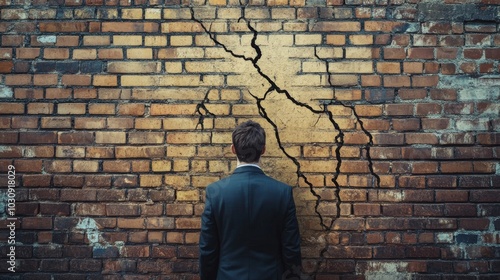 Cracked brick wall in front of worker, symbolizing mental breakdown from burnout