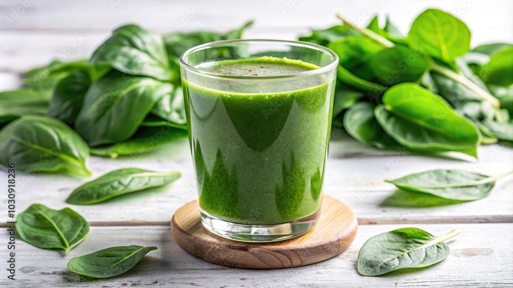 Fresh spinach smoothie with spinach leaves and green juice on white background Fresh spinach smoothie with spinach leaves and green juice on white background