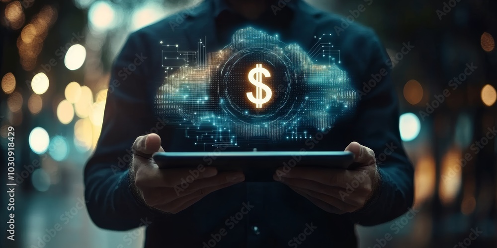 Businessman holding a tablet with a holographic graph and dollar sign icon Businessman holding a tablet with a holographic graph and dollar sign icon