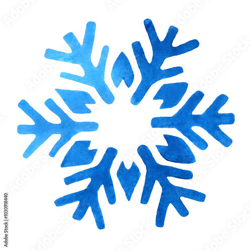 Snowflake drawn in blue watercolor isolated on white background