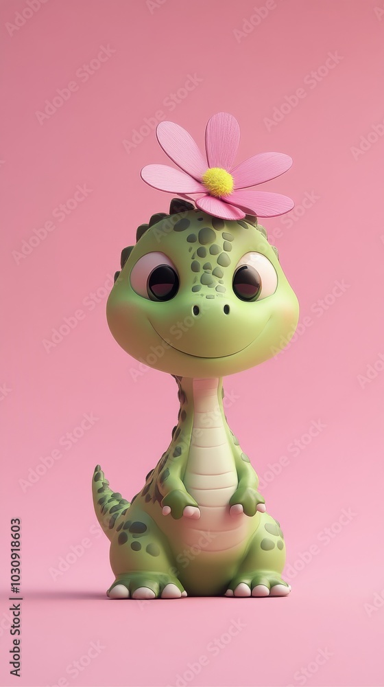 Fototapeta premium Cute green baby dinosaur with big eyes stands happily on a pink background with a flower on its head, inviting viewers into a playful world of imagination and fantasy
