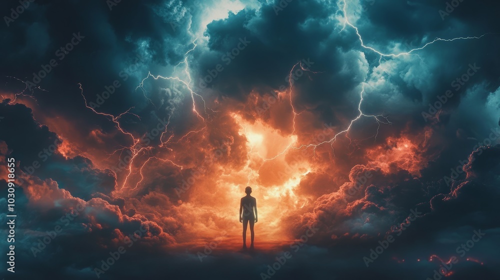 Dark clouds and lightning bolts surrounding figure, representing unpredictable nature of stress Dark clouds and lightning bolts surrounding figure, representing unpredictable nature of stress