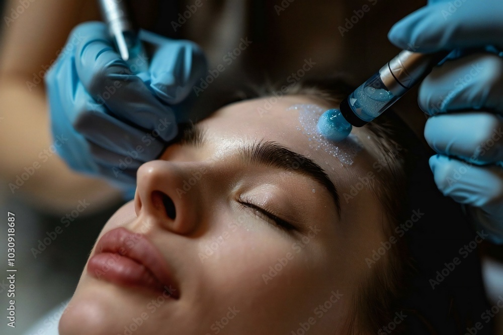 Close-up shot of a woman receiving a microdermabrasion treatment on her forehead at a beauty spa. Close-up shot of a woman receiving a microdermabrasion treatment on her forehead at a beauty spa.