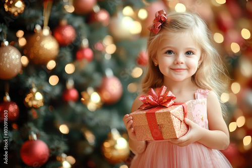 Joyful girl holding gift in front of christmas tree with festive lights