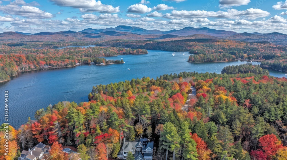 Aerial View of a Lake Surrounded by Autumn Foliage and Mountains