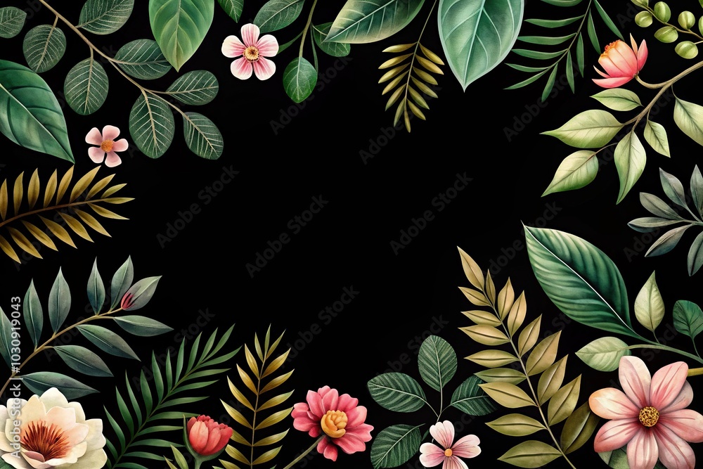 Floral pattern with leaves and flowers on a black background Floral pattern with leaves and flowers on a black background