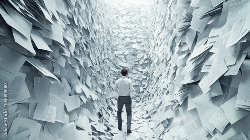 Person frantically searching for exit in paperwork maze, symbolizing stress and anxiety