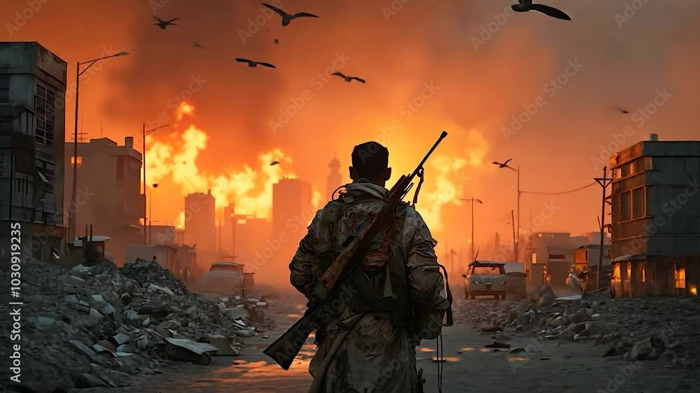 Soldier Walking Through War-Torn City with Fire and Smoke in Background Soldier Walking Through War-Torn City with Fire and Smoke in Background