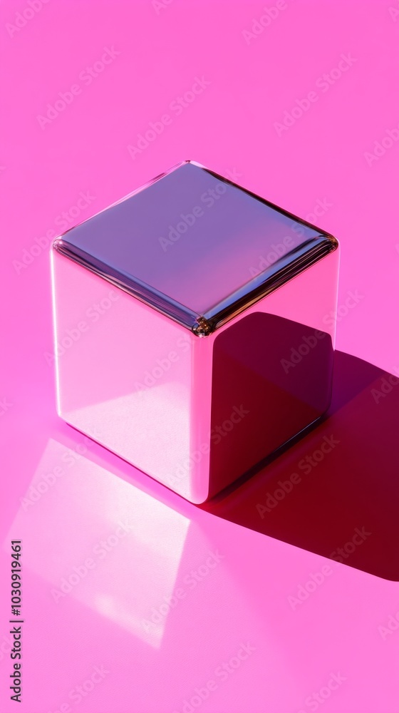 Chrome cube is standing on a pink background, casting a shadow that creates a strong contrast. The image is simple and graphic, perfect for a modern and minimalist aesthetic Chrome cube is standing on a pink background, casting a shadow that creates a strong contrast. The image is simple and graphic, perfect for a modern and minimalist aesthetic