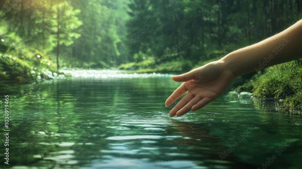Vibrant hand touching lush green river water amidst serene forest backdrop conveying environmental sustainability Vibrant hand touching lush green river water amidst serene forest backdrop conveying environmental sustainability