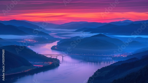 Bridge Over Misty River at Sunset with Silhouetted Mountains