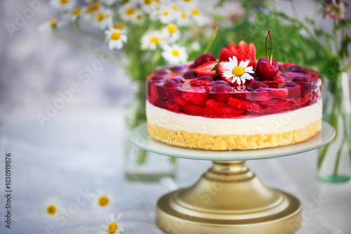 Delicious strawberry cake with vanilla sponge, cream mousse, jelly and fresh berries