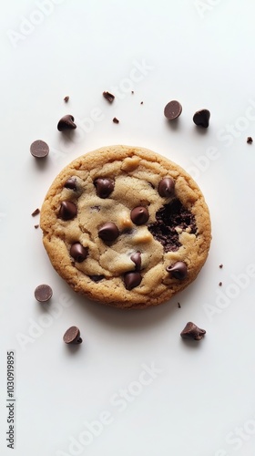 Freshly baked chocolate chip cookie on a white background, perfect for indulging in a sweet snack