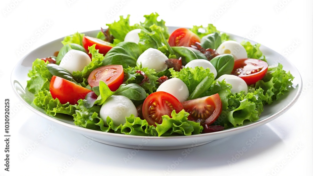 Green salad with mozzarella cheese on white background Green salad with mozzarella cheese on white background