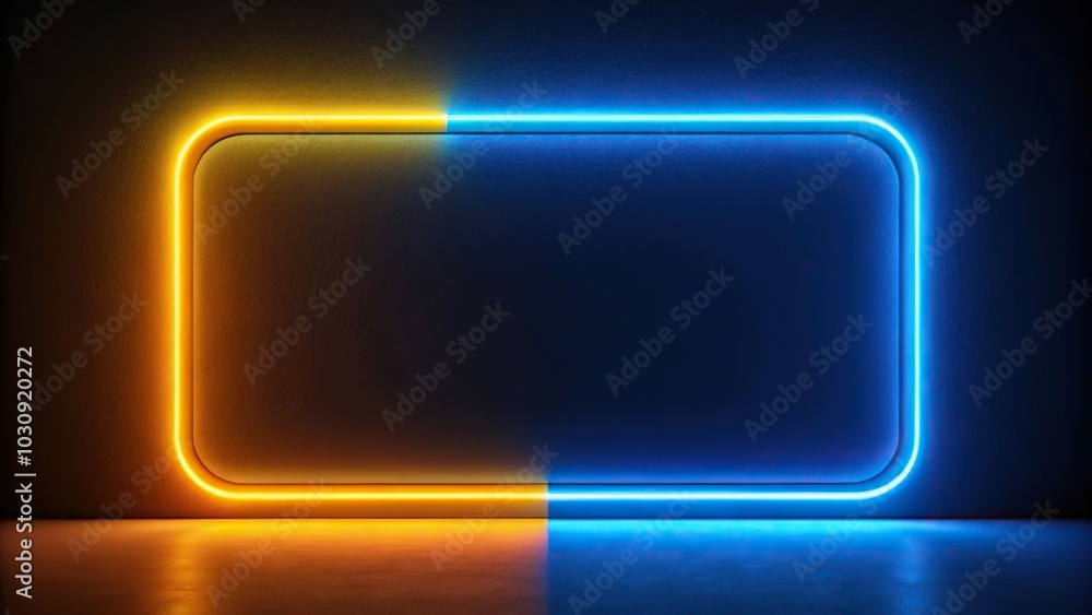 Fototapeta premium Glowing futuristic neon light in dark background reflected