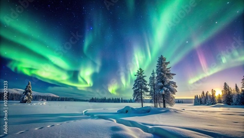 Frosty winter landscape with mesmerizing aurora