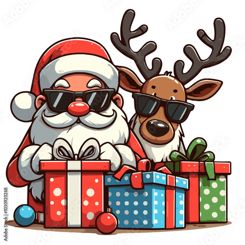 Humorous Santa and a reindeer in sunglasses are hiding behind gifts, colored vector, flat colors, Christmas and New Year mood, transparent background 