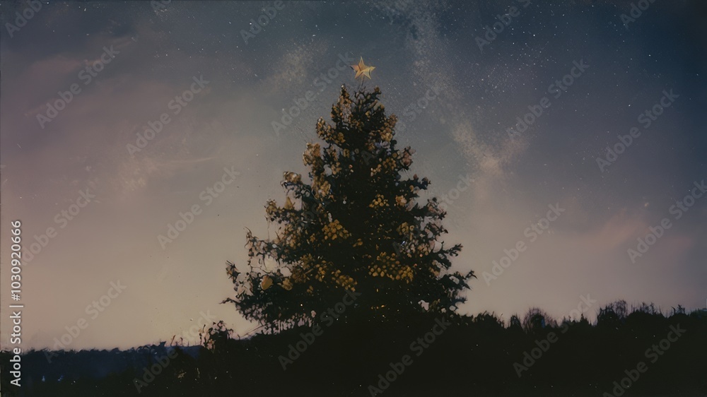 Golden Christmas tree isolated on stars sky background. Golden Christmas tree isolated on stars sky background.