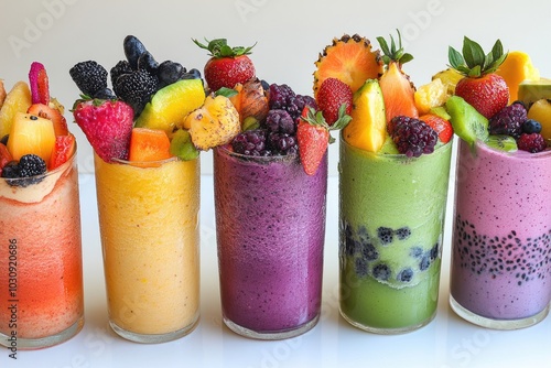 A selection of tropical fruit smoothies in different colors, each topped with matching fruit garnishes photo