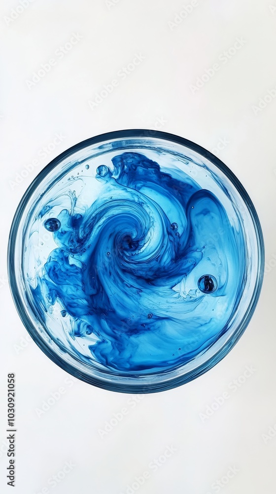 Blue ink is slowly dissolving in a glass of water, creating a mesmerizing pattern of swirls and bubbles. The abstract image is perfect for backgrounds and creative projects Blue ink is slowly dissolving in a glass of water, creating a mesmerizing pattern of swirls and bubbles. The abstract image is perfect for backgrounds and creative projects