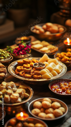 Assorted Indian sweets on golden platters with festive candlelight