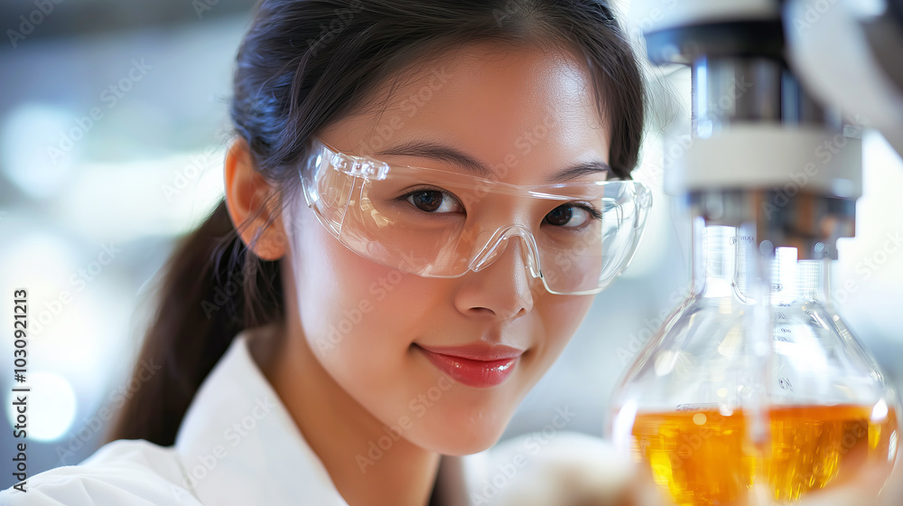 Young asian female scientist with safety goggles conducting experiment in laboratory Young asian female scientist with safety goggles conducting experiment in laboratory