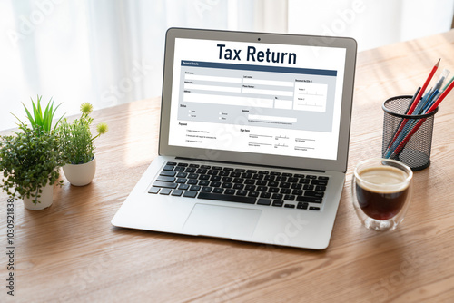 Online tax return form for submitting individual income tax return form snugly on the internet website. Government web for tax payment and return. Taxation technology concept. photo