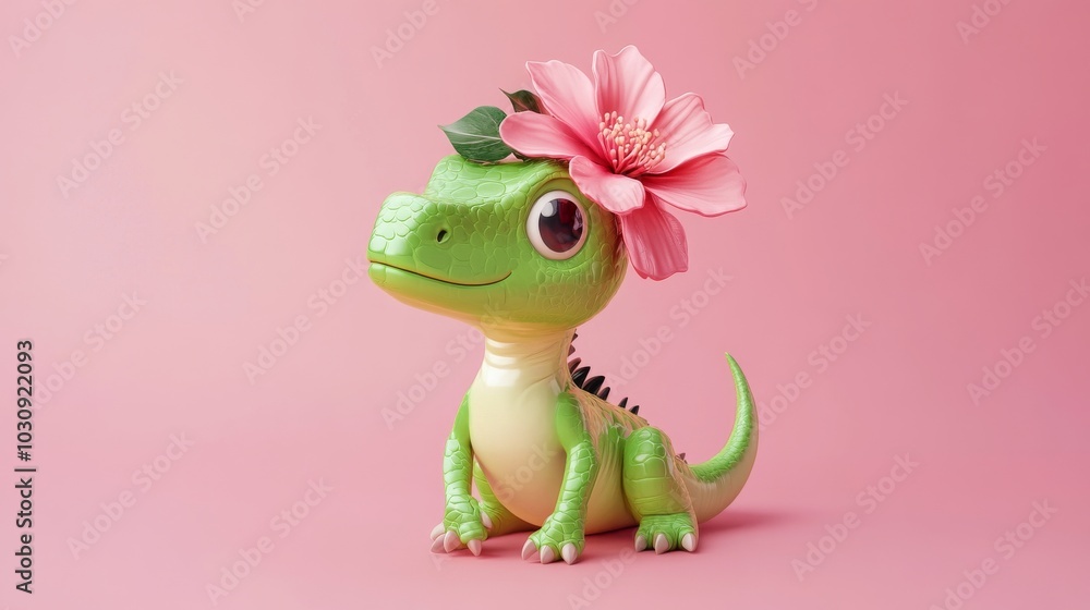 Sweet baby dinosaur with shiny green scales sits happily with a pink flower on its head, perfect for nature-themed designs Sweet baby dinosaur with shiny green scales sits happily with a pink flower on its head, perfect for nature-themed designs