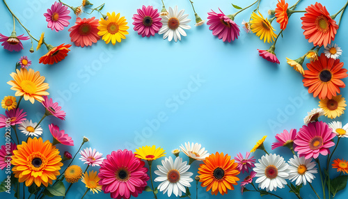 Wallpaper Mural Frame made of colorful flowers on a blue background isolated with white highlights, png Torontodigital.ca